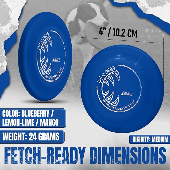 Hyperflite Nano Jawz Disc Dog Disc 4” (24g) | Official Skyhoundz Mini Flying Disc for Small Dogs & Puppies | Long-Flying, Lightweight Chase Dog Toy for Backyard, & Beach | Anti-Glare - Blue
