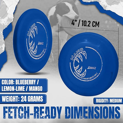 Hyperflite Nano Jawz Disc Dog Disc 4” (24g) | Official Skyhoundz Mini Flying Disc for Small Dogs & Puppies | Long-Flying, Lightweight Chase Dog Toy for Backyard, & Beach | Anti-Glare - Blue