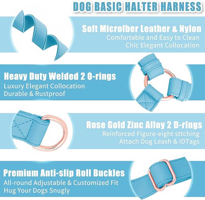 Soft Leather No Pull Dog Harness - Adjustable Step In Dog Harness with Rose Gold Heavy Duty Metal Buckle, Freedom Nylon Dog Halter Vests for Small Medium Large Dogs Easy Walking Training M, Light Blue