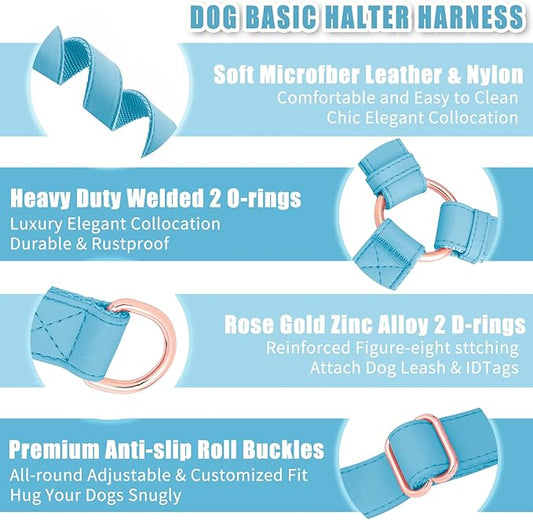 Soft Leather No Pull Dog Harness - Adjustable Step In Dog Harness with Rose Gold Heavy Duty Metal Buckle, Freedom Nylon Dog Halter Vests for Small Medium Large Dogs Easy Walking Training L, Light Blue