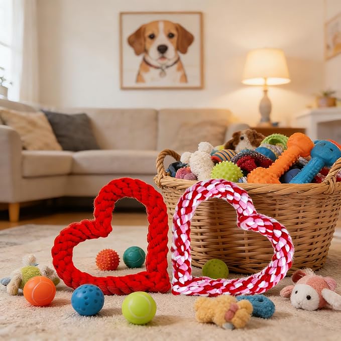 Rbenxia 2 PCS Valentine's Day Dog Chew Toys, Heart Shaped Cotton Rope Dog Toys for Pet, Pink & Red 5.5 Inch, Valentines Day Gifts for Puppy (Red,Mix)