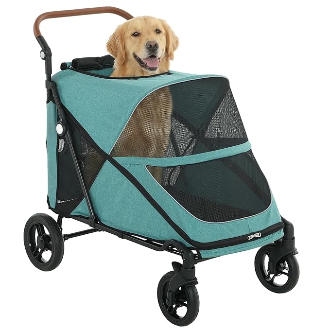 PawHut Dog Stroller for Large Dogs, One-Click Folding 4 Wheel Large Pet Stroller Wagon for Multiple Pets, All Terrain Spring Suspension w/ 8-Position Adjustable Handle, Mesh Window, Up to 66 LBS, Teal