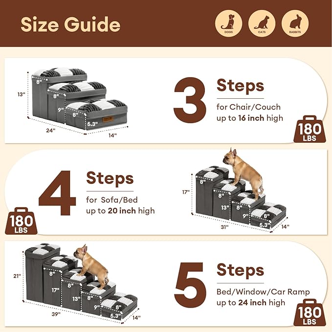 Dog Stairs with Storage, 5-Step Chessboard Plaid Handcrafted Dog Steps for Small Medium Dogs Cats, Folding Sturdy Pet Stairs Climbing Bed or Sofa, Grey