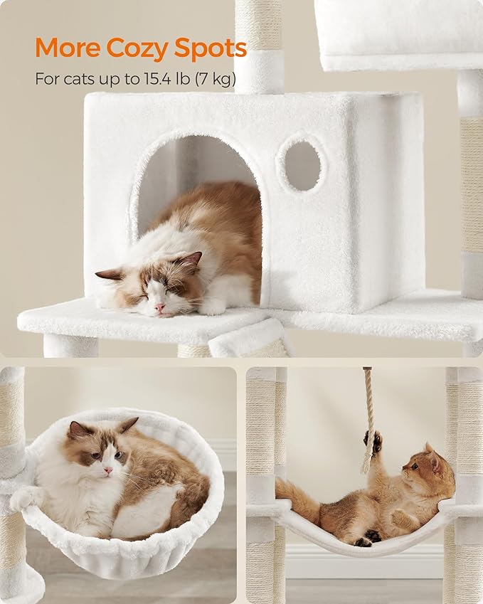 Feandrea Cat Tree, 81.1-Inch Large Cat Tower, Multi-Level Plush Condo with 13 Scratching Posts, 2 Perches, 2 Caves, Basket, Hammock, Pompoms, Cream White UPCT190T01