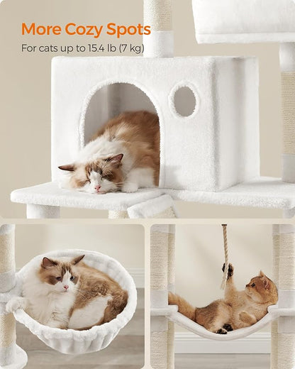 Feandrea Cat Tree, 81.1-Inch Large Cat Tower, Multi-Level Plush Condo with 13 Scratching Posts, 2 Perches, 2 Caves, Basket, Hammock, Pompoms, Cream White UPCT190T01
