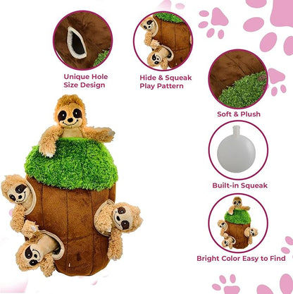 Glow Pups Hide and Seek Dog Toy, Sloth Dog Toy, Plush Squeaky Burrow Tree for Dogs, Interactive Puzzle for Mental Stimulation, Woodland Style, Medium Size, Set of 4