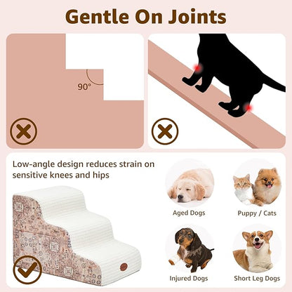 15.7” H Ramp Dog Stairs for Small Dogs, Printed Fabric 3 Tier Wider Curved Pet Stairs for Couch and Beds，Non-Slip Bottom for Old Cats with High-Density Foam and Washable Cover