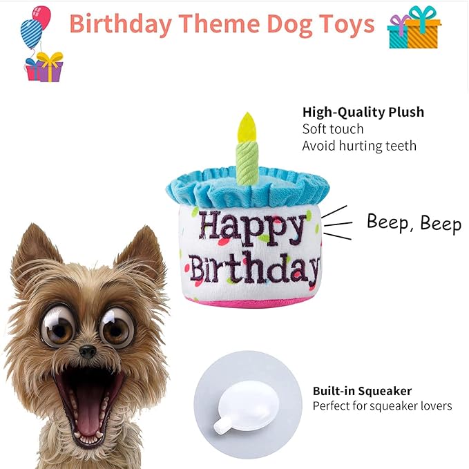 Dog Birthday Cake Toy, Happy Birthday Cake Shaped Squeaky Dog Toys for Medium & Large Dogs Funny Dogs Gifts Plush Dog Party Toys, Large, Blue