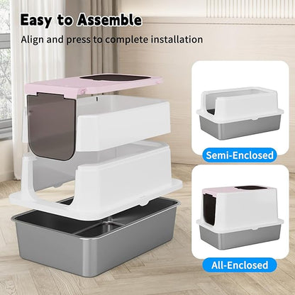 RIZZARI Enclosed Cat Litter Box: Large Top & Front Entry - High-Sided Anti-Scatter Design - Stainless Steel Odor Control - Easy Clean Teflon Non-Stick Coating- Pink Litter Pan - Entryway/Closet Nook