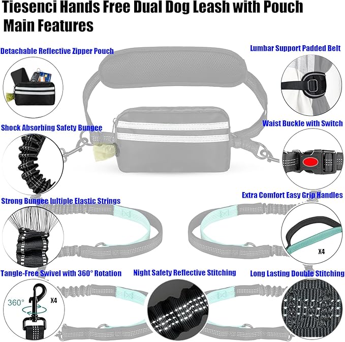 Hands Free Dog Leash with Pouch, Crossbody & Waist Leash for Dog Walking, No Pull Heavy Duty Bungee, Padded Handles & Reflective for Large Medium Dogs, Black Blue