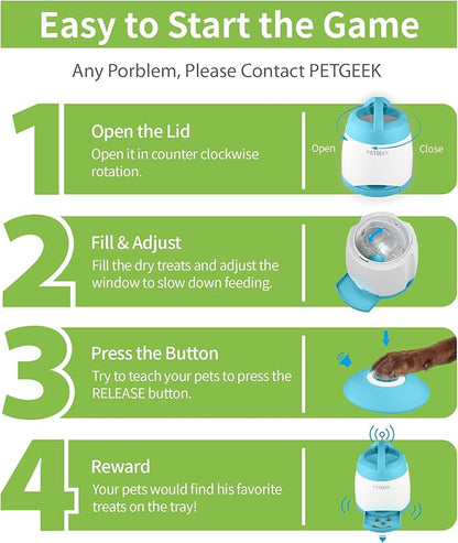 PETGEEK Automatic Dog Treat Dispenser, Interactive Pet Toy Food Dispensing for IQ Training, Dog Food Dispenser with Button Remote Push, Dual Power Supply for Indoor Outdoor Use, Blue