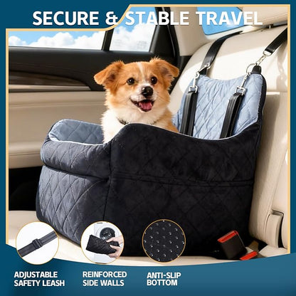 Dog Car Seat for Small Dogs, Elevated Pet Booster Seat with Safety Leash & Anti-Slip Base, Washable Dog Car Bed Travel Seat for Small Pets up to 30 lbs, Black & Gray