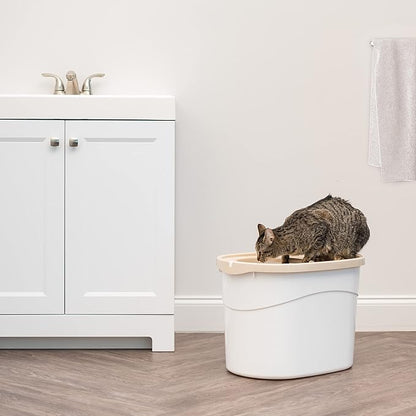 IRIS USA Large Top Entry Cat Litter Box with Lid Enclosed Covered Hooded Design Litter Catching Scatter Shield Pan Dog Proof Pet Proof Scoop Included Odor Control for Indoor Cats Kittens White/Beige