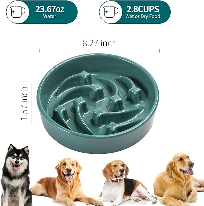 8.26 in Deep Green Ceramic Slow Feeder Dog Bowl for Medium and Large Breed,Pet Feeding Dog Food Water Dish Heavy Weighted,Puppy Bowl for Fast Eaters,Puzzle Slow Eating Dish Modern Maze Meteor