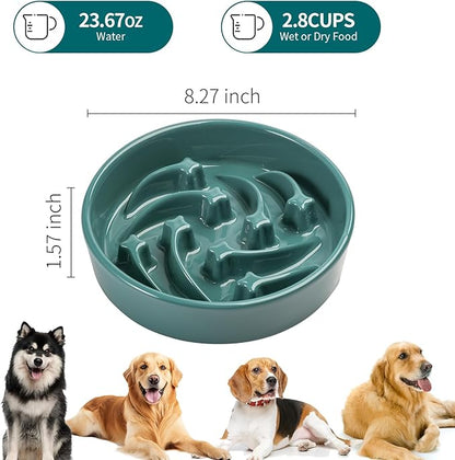 8.26 in Deep Green Ceramic Slow Feeder Dog Bowl for Medium and Large Breed,Pet Feeding Dog Food Water Dish Heavy Weighted,Puppy Bowl for Fast Eaters,Puzzle Slow Eating Dish Modern Maze Meteor
