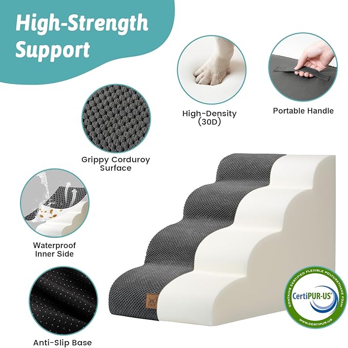 Wide Dog Stairs for Small Dog 19.7" H, Pet Step for Puppy, Older Cat, Curved Ramp for Bed, Durable Anti-Slip Ladder with High Density Foam, 4 Step, 17.7x28x19.7 inch, Dark Grey
