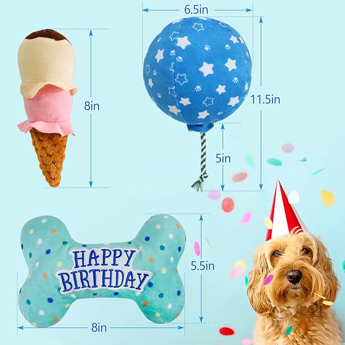 Prime Pets Dog Birthday Toys, 3 Pack, Crinkle Squeaky Dog Toys, Pet Toys for Small Medium Large Dogs, Stuffed Puppy Chew Toys, Dog Gift Toys
