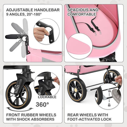 MoNiBloom Pet Stroller for Large Dogs or Multiple Dogs Cats with Adjustable Handle, 3-Wheels Dual Entry Portable Dog Carting Easy Folding Pet Wagon Double Dog Stroller up to 55 lbs, Pink