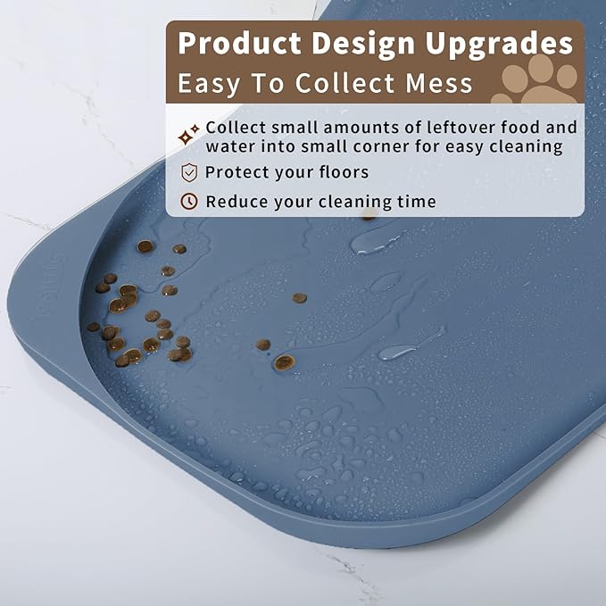 Silicone Pet Food Mat with Raised Edge for Food and Water Bowl, Dog Feeding Mats, Cat Food Trays for Floor Waterproof, Rubber Tray for Dogs and Cats, 19 x 12 x 0.7 Slate Blue