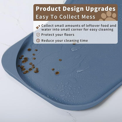 Silicone Pet Food Mat with Raised Edge for Food and Water Bowl, Dog Feeding Mats, Cat Food Trays for Floor Waterproof, Rubber Tray for Dogs and Cats, 19 x 12 x 0.7 Slate Blue