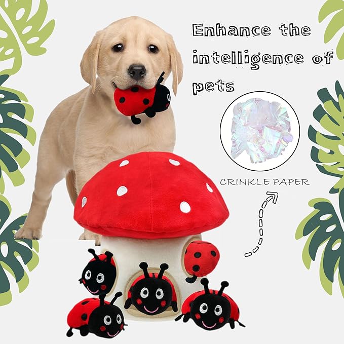 Hide and Seek Dog Toys, Interactive Squeaky Plush Puzzle Puppy Chew Toy to Keep Them Busy for Small Medium Large Dogs(Mushroom Hideaway with 5 Pack Ladybirds)
