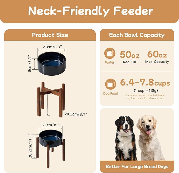 Ceramic 8.2inch Raised Dog Bowl Set, Elevated with Acacia Wood Stand, Food and Water Bowl for Large Breed Dogs, Weighted Pet Dishes(60oz, Starry Sky)