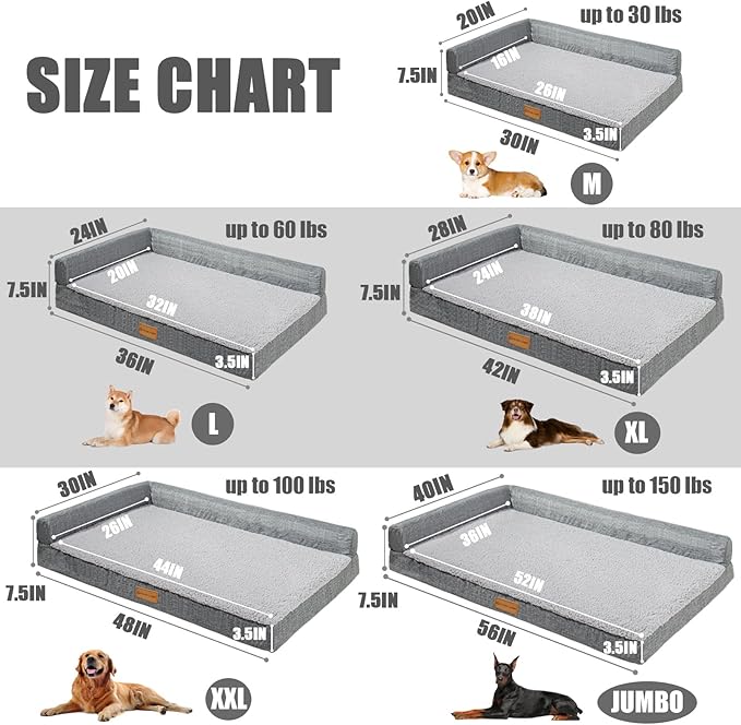 Patas Lague Orthopedic Dog Bed Large Sized Dog 36''X24'', Waterproof L Bolster Medium Pet Sofa Beds with Removable Washable Cover, Soft Comfortable Pet Couch Crate Mat with Nonskid Bottom, Grey