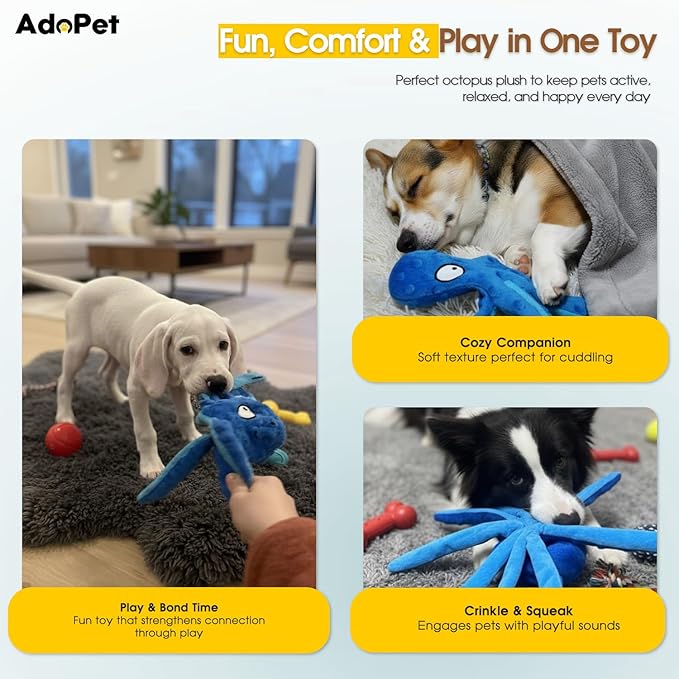 Squeaky Octopus Dog Toy – No Stuffing, Crinkle Sound Plush Chew Toy for Small and Medium Dogs – Durable and Machine Washable – 2 Pack (Blue & Pink)