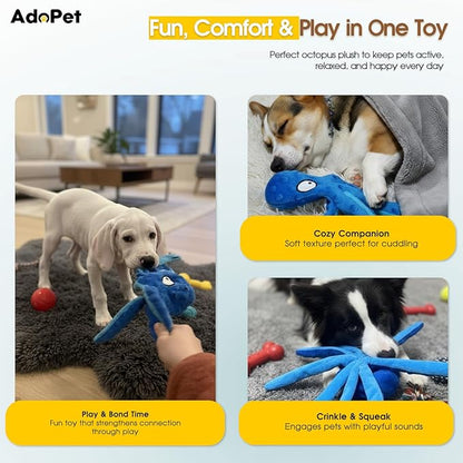Squeaky Octopus Dog Toy – No Stuffing, Crinkle Sound Plush Chew Toy for Small and Medium Dogs – Durable and Machine Washable – 2 Pack (Blue & Pink)
