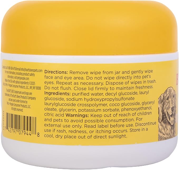 Burt's Bees for Pets Eye & Ear Cleansing Wipes for Dogs, Fragrance-Free, 98% Natural Origin Formulas, Gentle Spot Cleaning Sheets for Dog Eyes and Ears, 100 Count