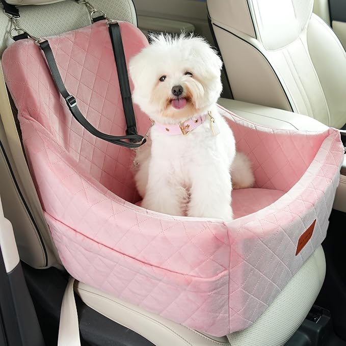 WOOAIDAGG Dog Car Seat for Medium Dogs, Pet Travel Bed with Seat Belt Channel, Fully Detachable and Washable, 3 Straps Easy to Install (Pink)