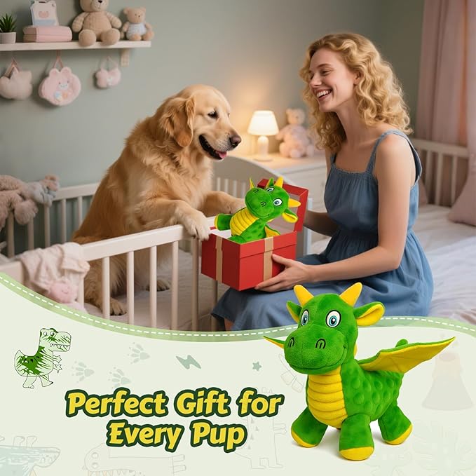 Squeaky Dog Toys - Soft Plush Dragon Dog Toy with 5 Squeakers & Crinkle Paper, Dog Toys for Small, Medium and Large Dogs to Keep Them Busy (Green,10")