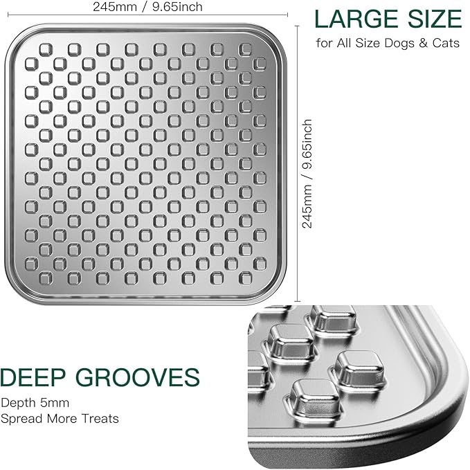 Stainless Steel Large Lick Mat for Dogs & Cats, Chew-Proof Slow Feeder, Anxiety Reducer, Whisker-Friendly for Cats, Non-Slip Heavy Duty Base, Raw Feeding Pad, Dishwasher Safe
