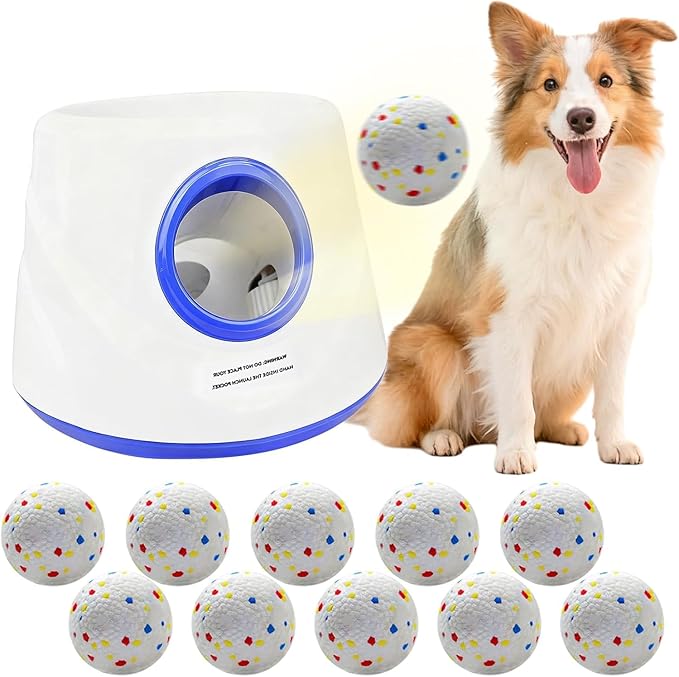 Dog Ball Launcher, Chuck It Ball Launcher, Dog Balls Thrower with 10 2.28-inch Balls, 3 Adjustable Distances, Indoor/Outdoor Toy for Small/Medium Dogs, Rechargeable