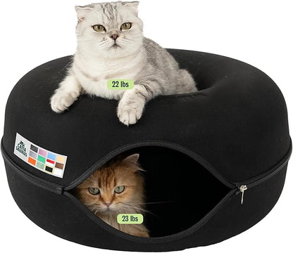 Cattasaurus Peekaboo Cat Cave Donut for Multiple & Large Cats up to 30-45 lbs, 3-in-1 Self Warming Cat Bed, Tunnel & Scratcher for Indoor Cats, Washable & Detachable Small Dog Bed (Black, Large)