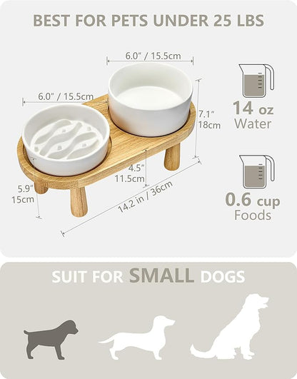 Ceramic Slow Feeder and Water Bowl Set for Small Dogs, 0.6 Cups Dog Slow Feeder(14oz) and 30oz Water Bowl Set, 6in, White