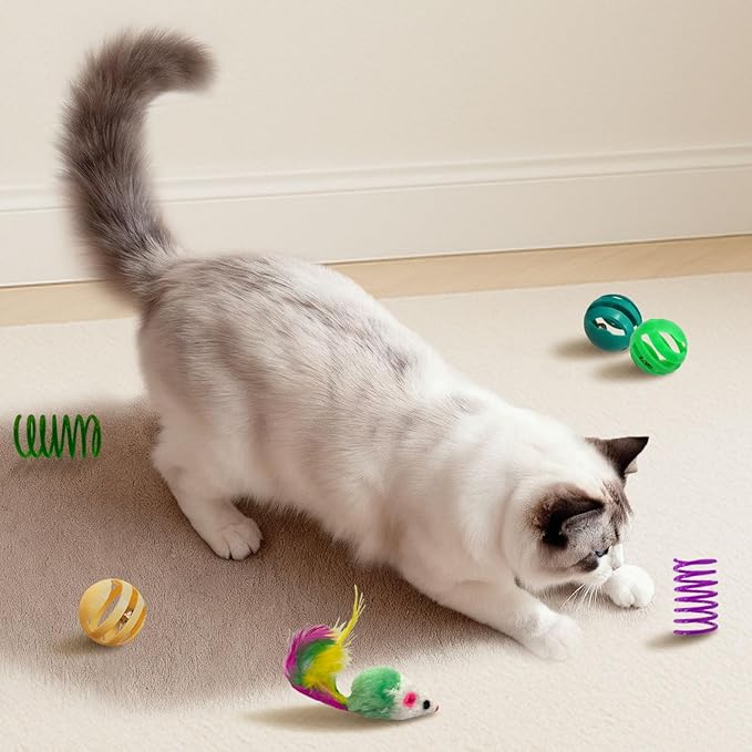36 Pcs Interactive Cat Toys Set for Indoor Cats Kitten Toys Variety Pack Includes Plush Fish, Chew Ropes,12Colors Cat Springs, Feather Mice and Balls Best Gift to Relieve Boredom for Adult Cats