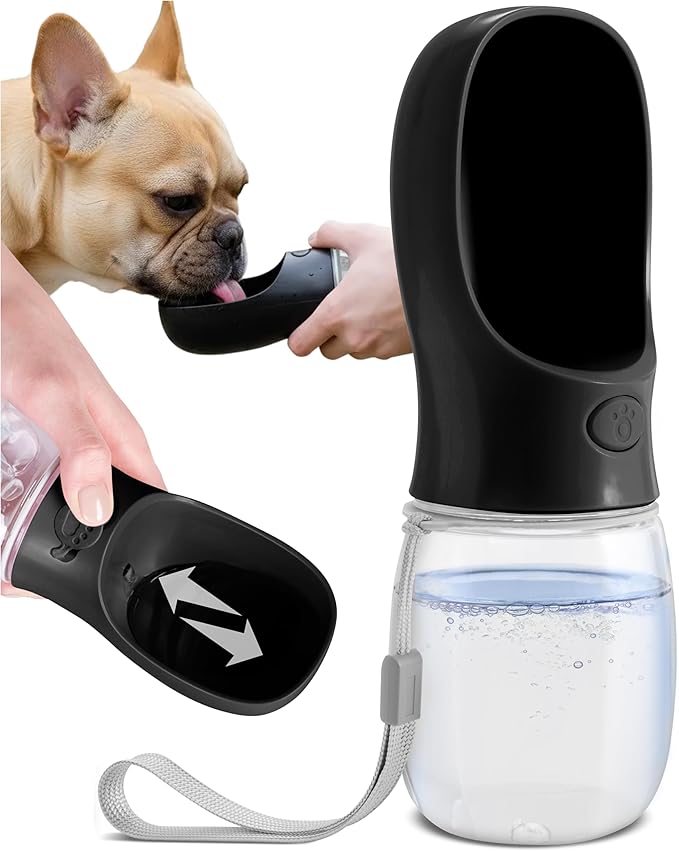 MalsiPree Dog Water Bottle Dispenser - 12 oz Black - Leak-Proof Lock & One-Hand Operation - On the Go Dog Water Dispenser - Pet Travel Bottle with Built-in Bowl, Travel & Hiking Ready