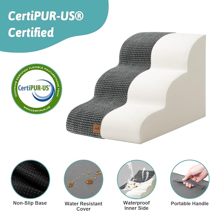 Wide Dog Stairs for Small Dog 15.7" H, Pet Step for Puppy, Older Cat, Curved Ramp for Couch, Durable Anti-Slip Ladder with High Density Foam, 3 Step, 17.7x22.4x15.7 inch, Charcoal Grey