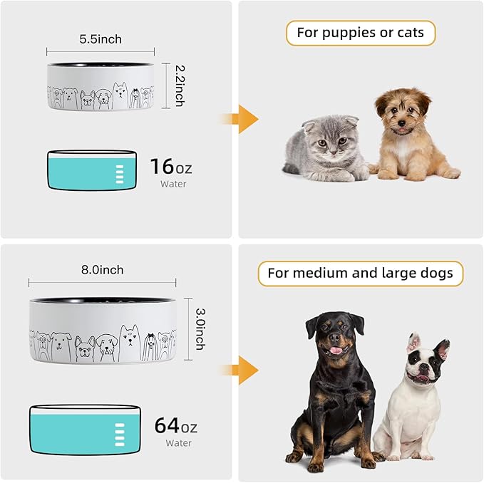 Fun Elements Ceramic Dog Bowls - Large, Non-Slip, 64 Fl Oz, Black with Adorable Dog Patterns (Large, Black)