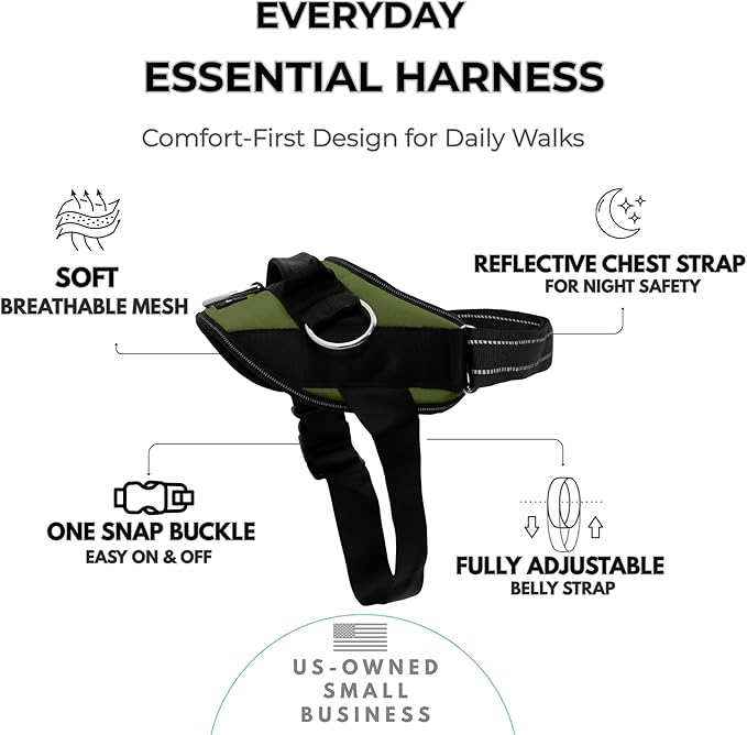 ShawnCo Essential Dog Harness, No-Pull Pet Vest with 3 Leash Clips, No Choke, Reflective, Adjustable and Padded, for Easy Walking and Training for Small, Medium and Large Dogs (Olive Green, L)