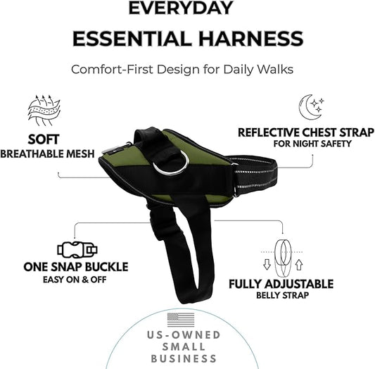 ShawnCo Essential Dog Harness, No-Pull Pet Vest with 3 Leash Clips, No Choke, Reflective, Adjustable and Padded, for Easy Walking and Training for Small, Medium and Large Dogs (Olive Green, L)