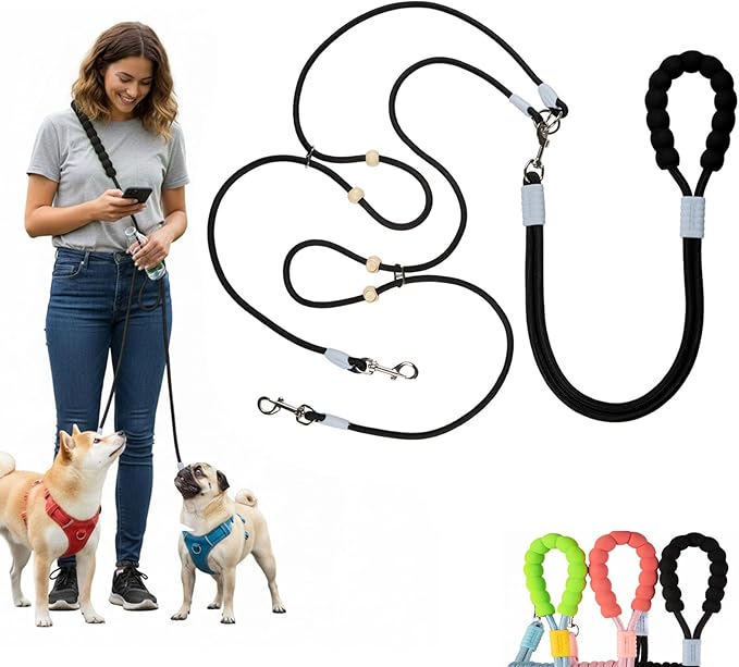 Hands Free Dog Leash, Double Leash for 2 Dogs, Crossbody Wear with Adjustable Length Split Leads and Padded Handles