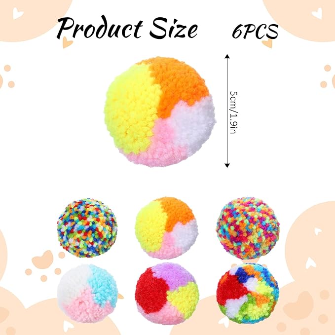 6 PCS Cat Pom Pom Balls, 2 Inch Cat Ball Toy Assorted Color Cats Yarn Ball Yarn Puffs Soft Interactive Kitten Chasing Toys Cats Chase Balls for Pet Interactive Playing Exercising Training