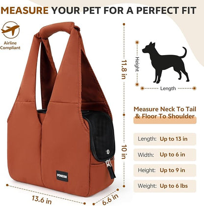 Dog Purse Carrier for Small Dogs and Cats, Soft-Sided Pet Tote Bag with 6 Large Pockets, Collapsible Travel Puppy Carrier with Small Cushion, Fits Pets up to 6 lbs (Caramel, 13.6" L x 6.6" W x 10" H)
