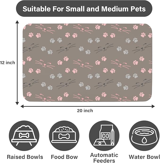 Patterned Cat & Dog Bowl Mat for Food and Water, 12"×20" Quick Dry Absorbent Pet Feeding Mat, Eco-Friendly Dog Placemat
