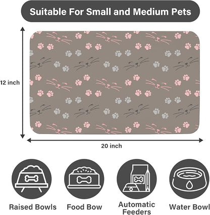 Patterned Cat & Dog Bowl Mat for Food and Water, 12"×20" Quick Dry Absorbent Pet Feeding Mat, Eco-Friendly Dog Placemat