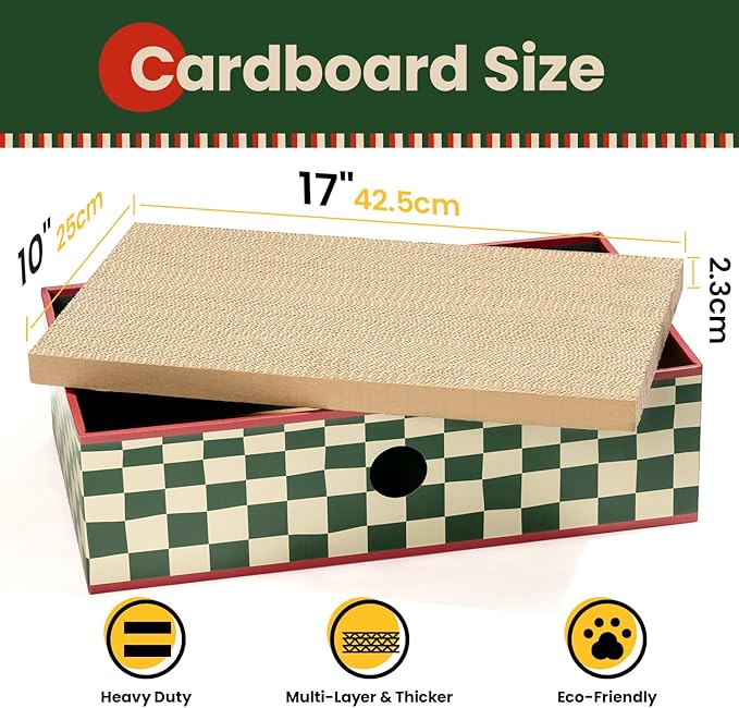 Cat Scratcher Box with 3-Layer Corrugated Pad, Heavy-Duty Double-Sided Cardboard Scratching Board & Bed, Checkered Design, for Cats, Large