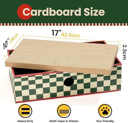 Cat Scratcher Box with 3-Layer Corrugated Pad, Heavy-Duty Double-Sided Cardboard Scratching Board & Bed, Checkered Design, for Cats, Large