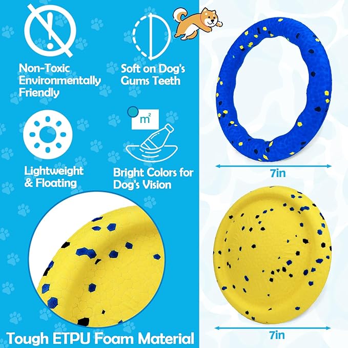 BABORUI Floating Dog Pool Toy – Durable E-TPU Dog Water Toy for Fetch & Chew, Bright Floating Dogs Toys for Pool, Beach & Outdoor Play – Dogs Beach Essentials (Blue Ring & Yellow Plate)